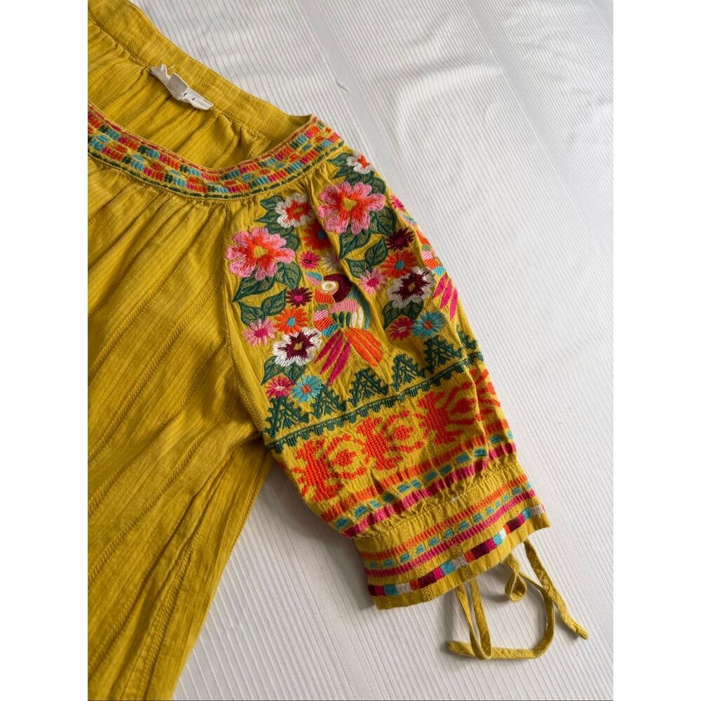 THML Embroidered Mustard Yellow Floral Bird Embroidered Top Blouse Size Small - Picture 2 of 9